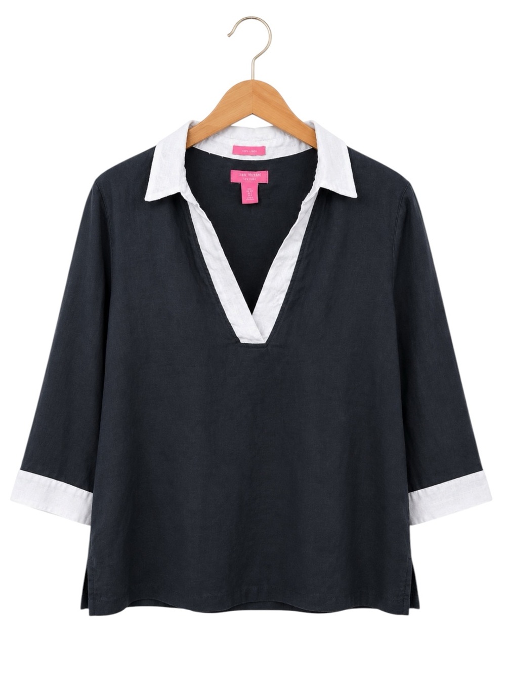 Isaac Mizrahi New York 100% Linen Tunic Top Black White Split Neck Lagenlook L